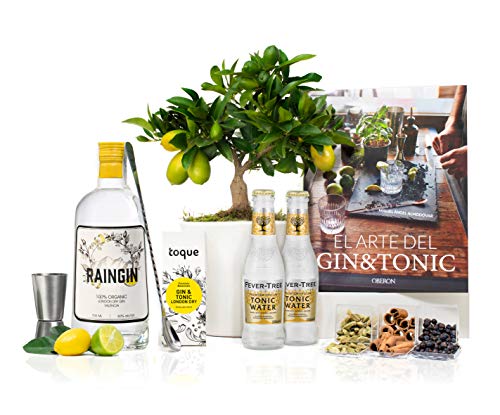 Set Regalo Gin Tonic Premium con Limonero 38 cm maceta 16 cm, guía de cuidados, ginebra ecológica, cuchara cocktail, estuche 3 botánicos, 2 tónicas, medidor y libro recetas en caja de regalo