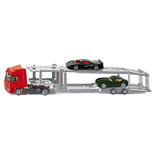 siku 3934 Camión de transporte de coches, Incl. 2 coches de juguete, Semirremolque desmontable, 1:50, Metal/Plástico, Rojo/Plateado