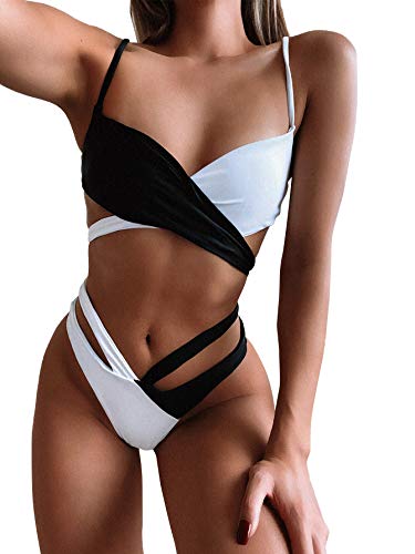 SOLY HUX Bikinis Sexy de Dos Piezas Verano para Mujer con Brasileños Tanga Alta, Conjunto de Bañador Bikini Cortado Alto Top Cruzado de Dos Colores Blanco y Negro M