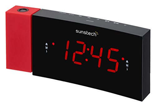 Sunstech FRDP3 - Radio despertador con proyector horario (USB de carga, función sleep y alarma dual), color rojo