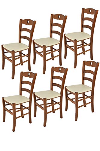 t m c s Tommychairs - Set 6 sillas Cuore para Cocina y Comedor, Estructura en Madera de Haya Color Nuez Claro y Asiento tapizado en Polipiel Color Marfil
