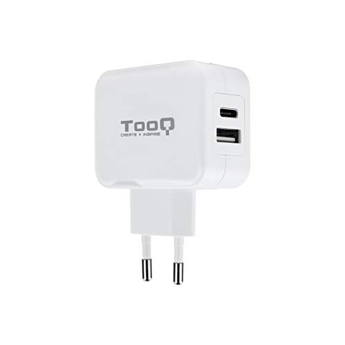 TooQ TQWC-2SC02WT - Cargador de pared con 2 x (USB-C y USB) 27W / 5.4A, con tecnologia AiPower, para iPad / iPhone X 7 8 / Plus / Samsung / Tablets / Smartphones, color BLANCO