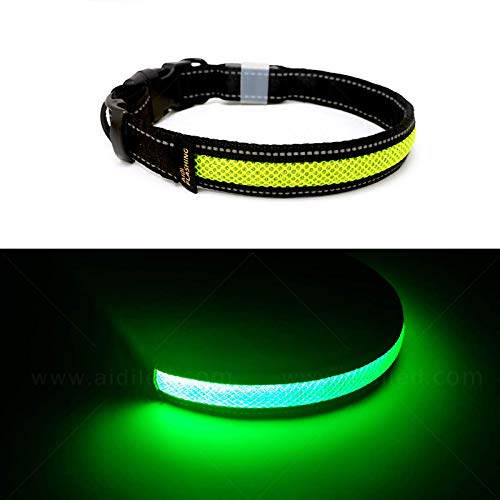 Toozey LED Luminoso Collar para Perros, Longitud Ajustable/Recargable por USB/Impermeable Nylon Luminoso Collar para Perros con 3 Modos de Iluminación, Alta Visibilidad y Seguridad, Verde L
