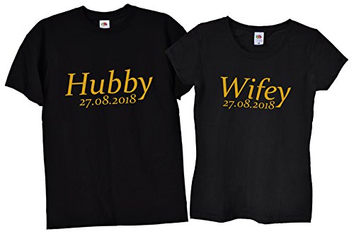 TrendySnug Tees - Camisetas personalizadas para parejas, 40 unidades disponibles en Negro Negro con texto dorado. X-Large