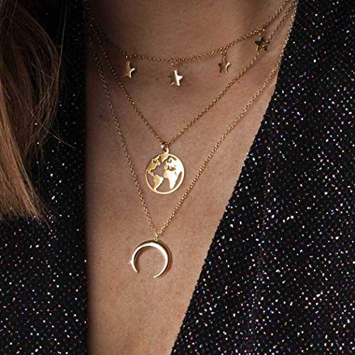 Vakkery - Collar con colgante de luna en capas, diseño de mapa del mundo dorado, collar con borla de estrella, gargantilla para mujeres y niñas