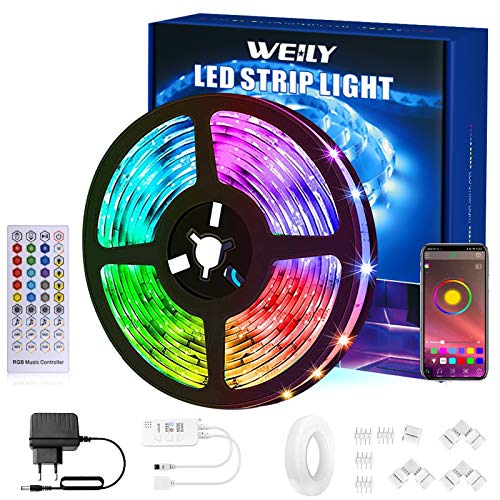 WEILY Tiras LED 15M Bluetooth, Control de aplicación Inteligente Flexible RGB Cambio de Color Música Sincronización Tira de luz LED con Conector en Forma de L
