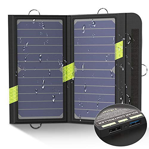 X-DRAGON Cargador Panel Solar 14W (Dual USB Puertos, Inteligente IC, A Prueba De Agua, En Acero Inoxidable) Placa Batería Plegable para Móviles, Tablets y Otros Dispositivos