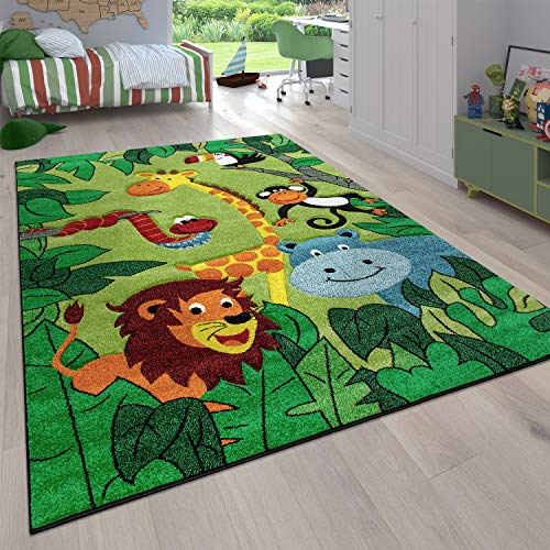 Alfombra Habitación Infantil para Niños Motivo De Animales Y Selva Pelo Corto, tamaño:120x170 cm, Color:Verde