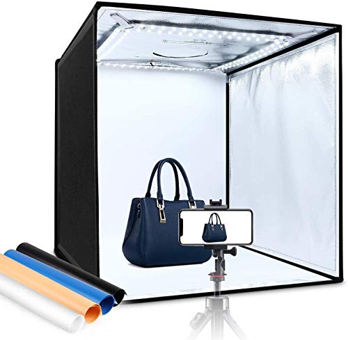 amzdeal Caja de Luz Fotografía 60x60x60cm Portátil Plegable LED 5000LM 5500K, 4 × Fondo Azul/Blanco/Negro/Naranja, Fácil de Instalar