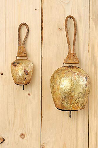 Boltze Cencerro, Campana de Cabra de Metal Dorado Envejecido, con Correa marrón, 1 Pieza, Aprox.17 cm x 10 cm x 41 cm