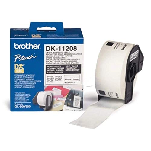 Brother DK11208 - Etiquetas Precortadas de Dirección Grandes (Papel Térmico), 400 Etiquetas Blancas de 38 x 90 mm, para Impresoras de Etiquetas QL, Negro/Blanco