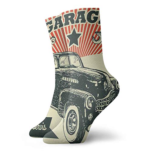 Calcetines cortos suaves de longitud de pantorrilla, estilo retro, para coches y garajes, publicidad con imagen con efectos grunge de los años 60, calcetines para mujeres y hombres mejores para correr