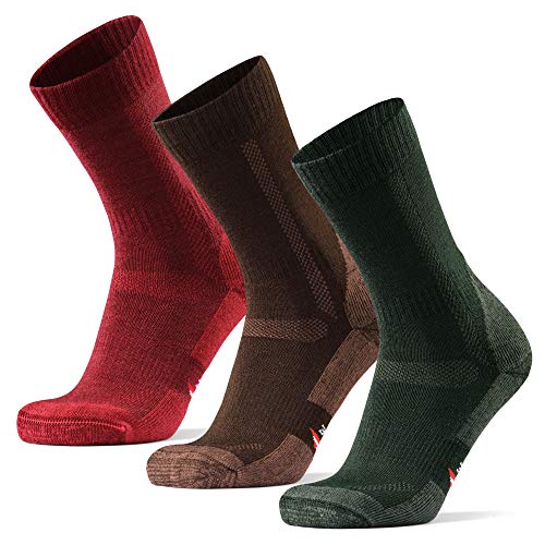 Calcetines de Senderismo y Trekking de Lana Merina para Hombre, Mujer y Niños, Pack de 3 (Multicolor: Marrón, Verde, Rojo, EU 43-47)