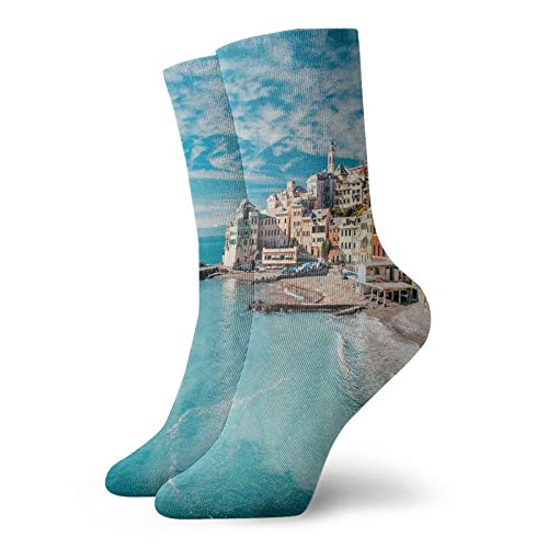 Calcetines suaves de longitud media pantorrilla, panorama de la antigua aldea italiana de peces de la playa, provincia antigua con encanto costero, calcetines para hombres y mujeres