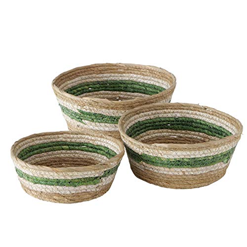 CasaJame Juego de 3 cestas decorativas de hojas de maíz, color verde, blanco y marrón, altura 8-11 cm, diámetro 20-25 cm