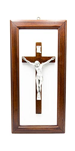 Crucifijo de madera de pared con marco – Cristo chapado en plata 999 – Producto en Umbria Italia – 57 x 28 cm