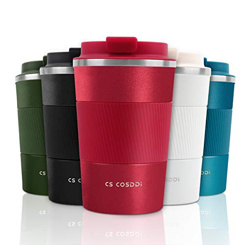 CS COSDDI Tazas de viaje aisladas con tapa a prueba de fugas, tazas de café reutilizables, taza de café para coche, taza térmica de acero inoxidable para agua caliente y fría y té de 380 ml (rojo-A)