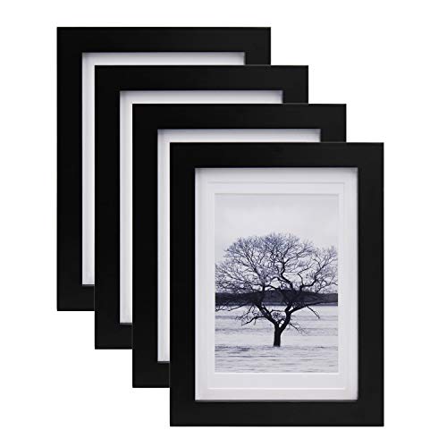 Egofine Juego de 4 marcos de fotos de 13 x 18 cm (5 x 7 pulgadas), color negro, 4 unidades, de pie y para colgar en la pared, de madera maciza, con plexiglás HD