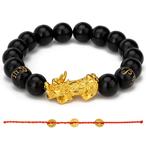 Fengshui ZenBless Prosperity - Pulsera negra de 12 mm con obsidiana negra con oro Pi Xiu/Pi Yao atraer riqueza y buena suerte