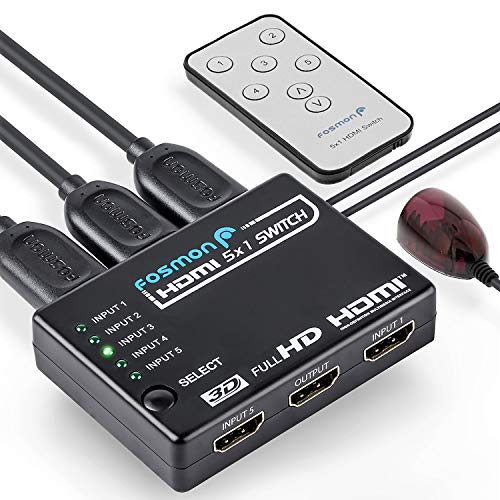 Fosmon Conmutador HDMI de 5 puertos [Interruptor automático | Soporta Full HD 3D 1080p HDCP] con control remoto IR y adaptador de CA para HDTV, DVD, PS3, PS4, xBox Bluray