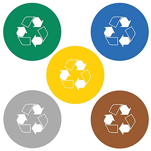 Haberdashery Online 5 Etiquetas Adhesivas Reciclaje Basura. Pegatinas para la gestión de residuos. Cada una de 14 cms diámetro. Modelo XXL