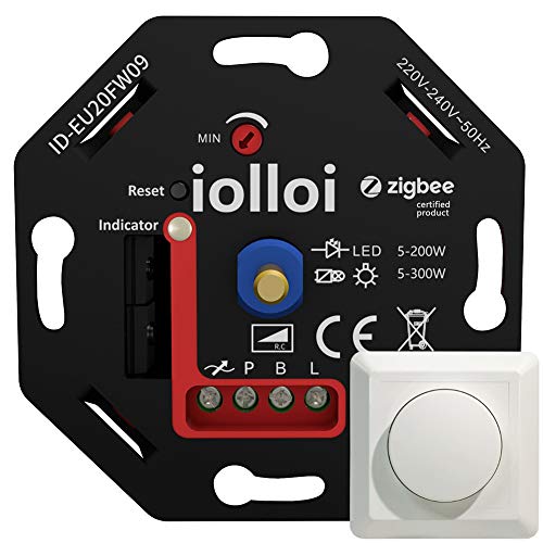 iolloi Zigbee - Regulador de intensidad para bombillas LED y halógenas (5-200 W, 230 V, compatible con Philips Hue, Alexa y Google Home, sin garras de sujeción)