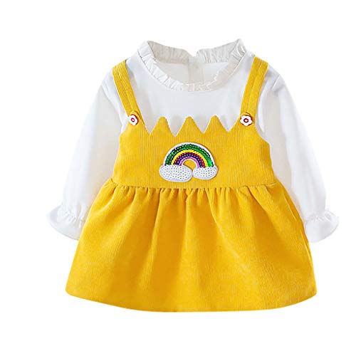 Janly Clearance Sale Vestido de niña para niñas de 0 a 10 años, vestido de princesa de manga larga, color puro, con patrón de arco iris, para niños de 1 a 2 años (amarillo)