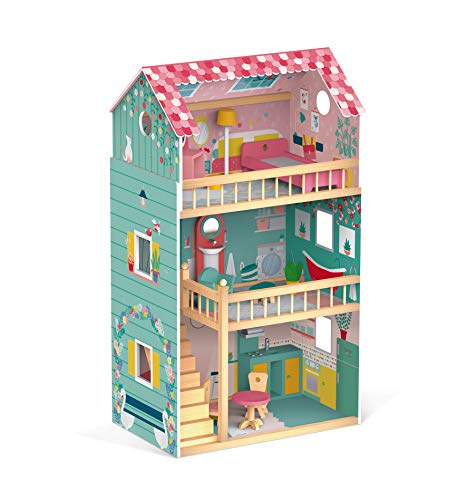 Janod- Happy Day casa de muñecas (Madera), Color Rosa/Verde (Juratoys J06580)