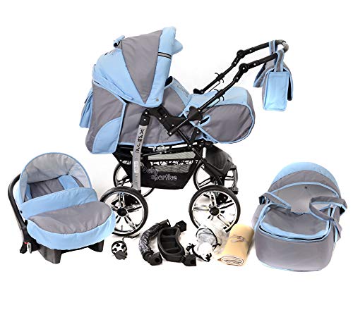 Kamil, Classic 3-in-1 Travel System with 4 STATIC (FIXED) WHEELS incl. Baby Pram, Car Seat, Pushchair & Accessories (3-in-1 Travel System, Pale Grey & Blue)