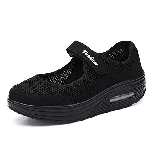 Kauson Mujer Adelgazar Zapatillas de Deporte Cuña Zapatos para Correr Plataforma Sneakers con Cordones Calzado de Malla Air Tacón 5cm Negro Negro Rojo Gris 35-42