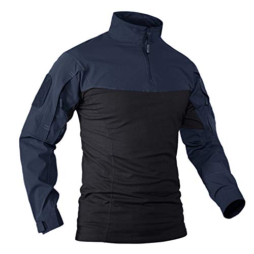 KEFITEVD Camiseta táctica para hombre, sudadera de caza con bolsillos en las mangas, sudadera táctica, camisa militar, ropa de trekking, parte superior azul oscuro y negro, talla L