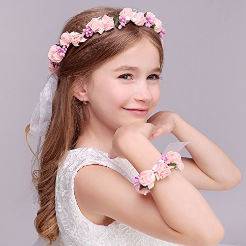 Kercisbeauty - Diadema de boda rústica para niña, diseño de flores, color rosa y blanco