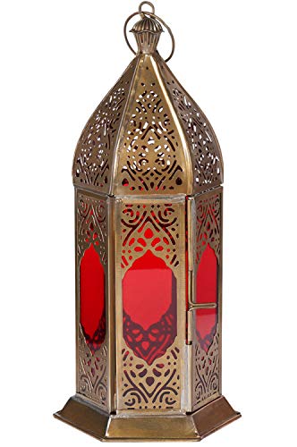 Linterna Oriental de Metal y Cristal Basma 24 cm de Altura Rojo | Luces de Viento marroquí | Faro de Cristal para Interior | Lámpara para Exterior | Linterna de jardín