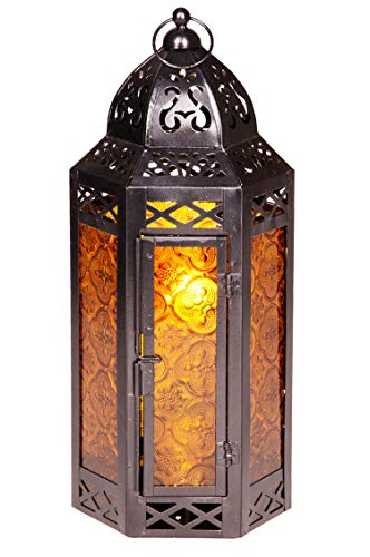 Linterna Oriental de Metal y Cristal Liyana 30 cm de Altura Naranja | Luces de Viento marroquí | Faro de Cristal para Interior | Lámpara para Exterior | Linterna de jardín