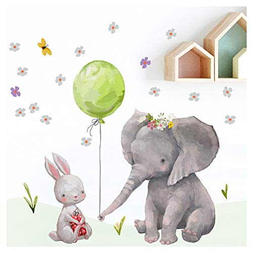 Little Deco Adhesivo decorativo para habitación de bebé, conejo y elefante, M, 82 x 62 cm (ancho x alto), globo verde, imágenes para habitación infantil o niña, adhesivo DL232