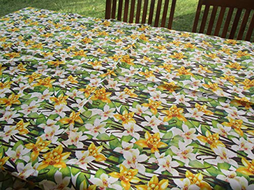 Mantel rectangular antimanchas con estampado de flores blancas y amarillas, 100% impermeable en todas las medidas, 140 x 230 cm