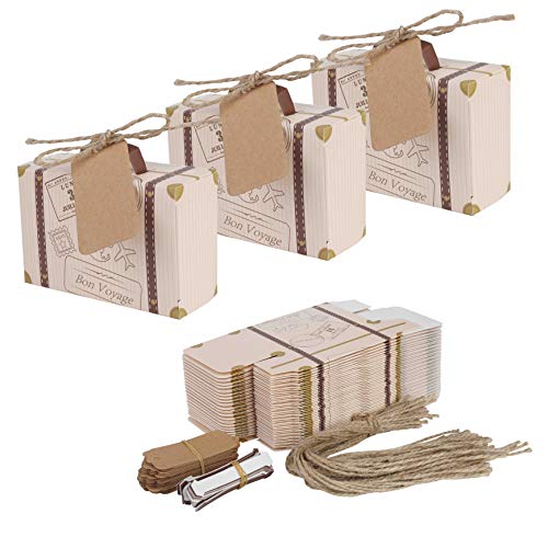 Mini maleta 50 piezas boda Favor caja con cordel de yute de tarjeta de papel Kraft y Candy caja para fiesta de cumpleaños bebé ducha boda Décor