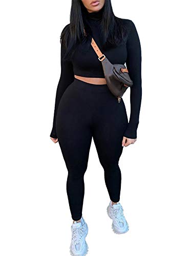 Mujer Chándal 2 Piezas Conjunto de Ropa Deportiva Traje de Deporte Color Sólido Top Camiseta Ajustada de Manga Larga + Pantalones Largos de Cintura Alta (Negro 2, M)