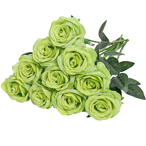Nubry Flor de Rosa de Seda Artificial de un Solo Tallo de Rosa Falsa para el Ramo de Bodas Arreglos Florales Decoración del Centro de Mesa para Fiestas en casa, 10pcs (Verde)