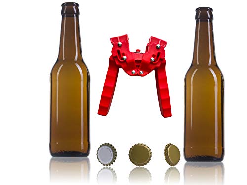 Nuevo Set Completo de Accesorios para la Fabricación de Cerveza Artesana (16 Botellines 33cl, 100 chapas, Chapadora Roja Doble Palanca)