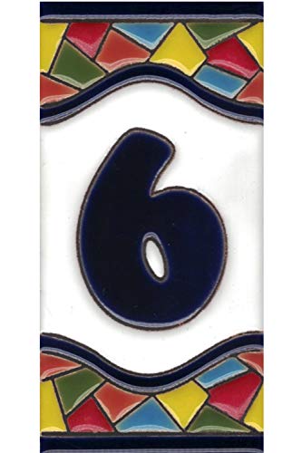 Números casa exterior - Placa Puerta - Cerámica esmaltada - Pintados a Mano con la técnica de la cuerda seca - Nombres y direcciones - Modelo Grande Mosaico 7,5 cms x 15 cms (Número Seis"6")