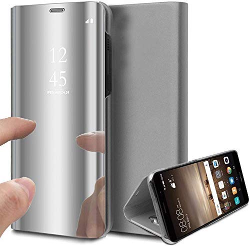 Oihxse Espejo Funda Compatible con Samsung Galaxy Note 4 Carcasa Ultra Slim Mirror Flip Translúcido View Tipo Libro Tapa Standing 360°Protectora PC + PU Cover Anti-Scratch Caso(Plata)
