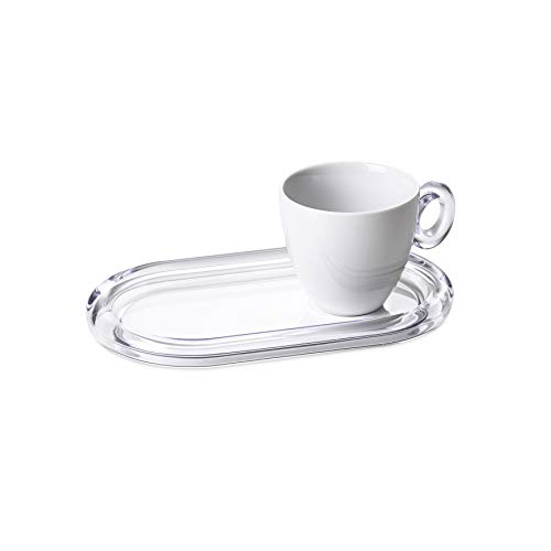 Omada Design 20 cl cada taza de té y bandeja de galletas de colores, respectivamente en porcelana y acrílico transparente y blanco, Crystal Line