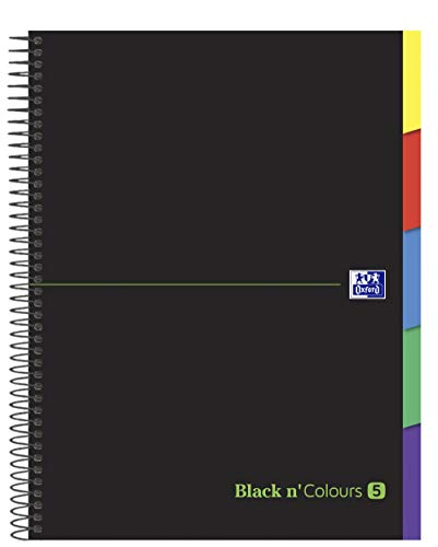 Oxford Black N'Colours, Cuaderno A4+, Microperforado, Tapa Extradura, 100 Hojas, Cuadrícula 5 x 5, Pack 5 unidades