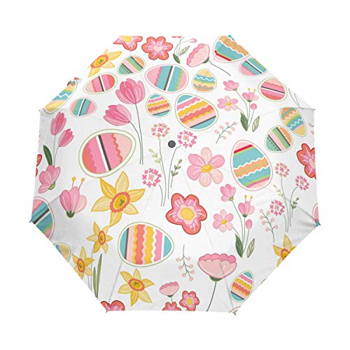 Paraguas de Viaje Compacto con diseño de Huevos, pájaros y Flores estilizadas, con Apertura automática, Resistente al Viento y a los Rayos UV