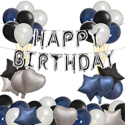 Puselo Decoración de cumpleaños, globos de fiesta de color azul, negro y plateado, para niños, hombres, niñas y mujeres.