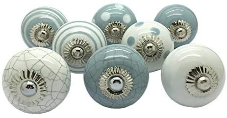 PUSHPACRAFTS - Lote de 8 pomos para armario o cajón (cerámica, pintados a mano, 8 unidades), color gris y blanco
