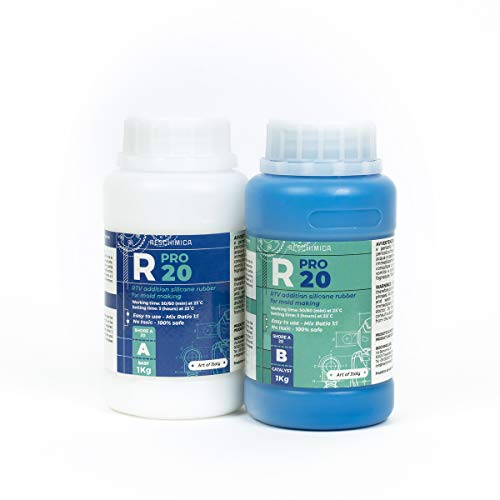 R PRO 20 es una goma de silicona, 100% segura, no tóxica, líquida endurecedora de platino, de dureza media, alta resistencia al desgarro, fácil de usar (proporción de mezcla 1: 1) (2 Kg)