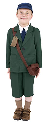 Smiffys-38669M Disfraz de evacuado de la 2a Guerra Mundial, Abrigo, Pantalones, Sombrero, Color Verde, M-Edad 7-9 años (Smiffy'S 38669M)