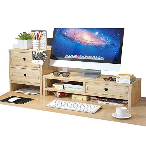 Soporte para monitor y monitor de escritorio, organizador de escritorio con 3 cajones para suministros de oficina y espacio de almacenamiento para teclado y ratón A4 archivos (madera)